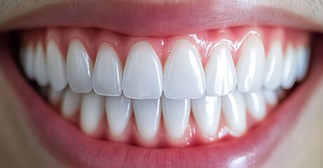 Obraz premium A smiling woman's teeth are shown in close-up, displaying white spots and plaque on their surface, illustrating oral care and dental concepts