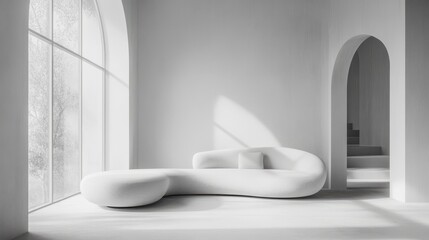 Monochromatic minimalist living room with arched window, curved modern sofa, and subtle textures for soft elegance