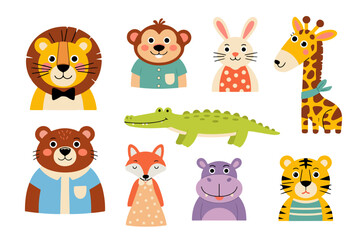 Collection of adorable cartoon animals: lion, monkey, rabbit, giraffe, crocodile, bear, fox, hippo, tiger. Cute and colorful vector set.

