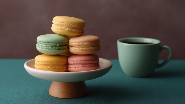 Stack of colorful macarons on a white cake stand. there are six macaroons in total, arranged in a pyramid-like shape. the macarones are of different colors - yellow, green, pink, orange, and red.