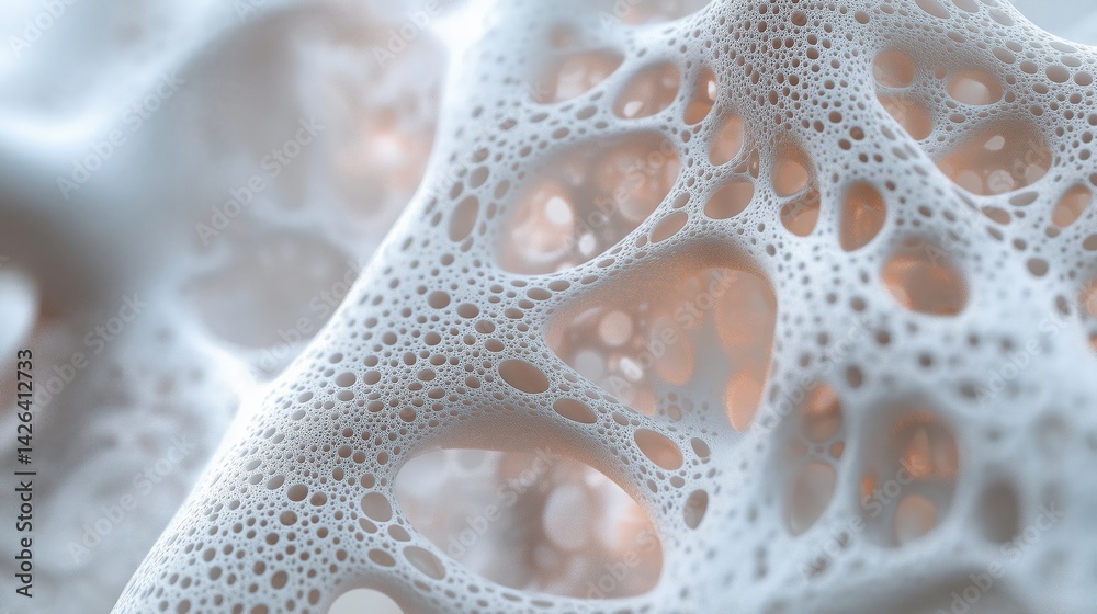 Poster close-up 3d abstraction of a porous organic structure with intricate, lace-like networks, resembling
