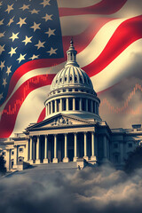 USA Capitol with American flag and stock market chart representing finance and government.