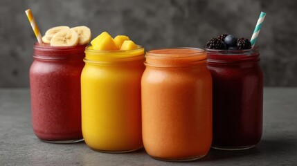 Three mason jars filled with different types of smoothies. the jars are arranged in a row and are placed on a grey textured surface.