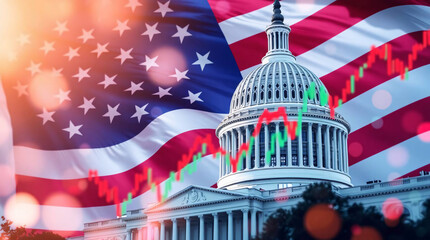 USA Capitol with American flag and stock market chart representing finance and government.