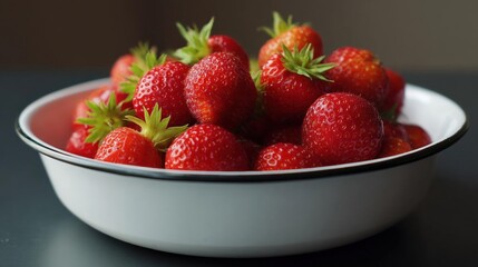 Close-up of a white bowl filled with fresh strawberries. the strawberries are bright red in color and have green leaves still attached.