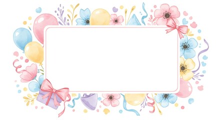 Festive Watercolor Frame with Balloons, Gifts, and Flowers Decoration