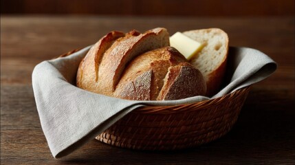 Basket of freshly baked bread on a wooden table. the basket is made of woven straw and is placed on a grey cloth napkin.