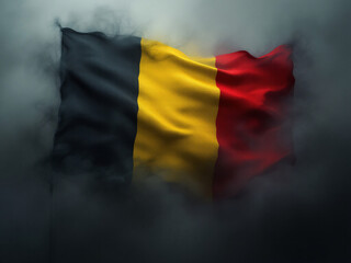 Belgian flag waving in dark background with smoke effect.