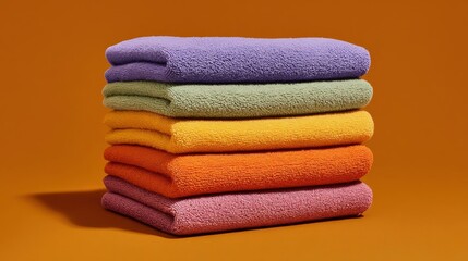 Stack of folded towels in various colors. the towels are neatly folded and stacked on top of each other. the colors of the towels are purple, green, orange, and pink.
