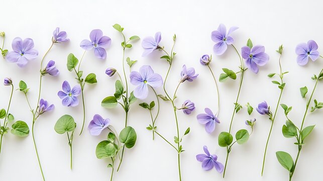 Delicate periwinkle flowers with green leaves arranged on a white surface - Powered by Adobe