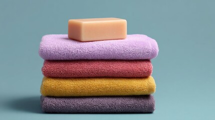 Stack of folded towels in different colors - purple, pink, yellow, and gray. on top of the stack, there is a bar of soap. the background is a light blue color.