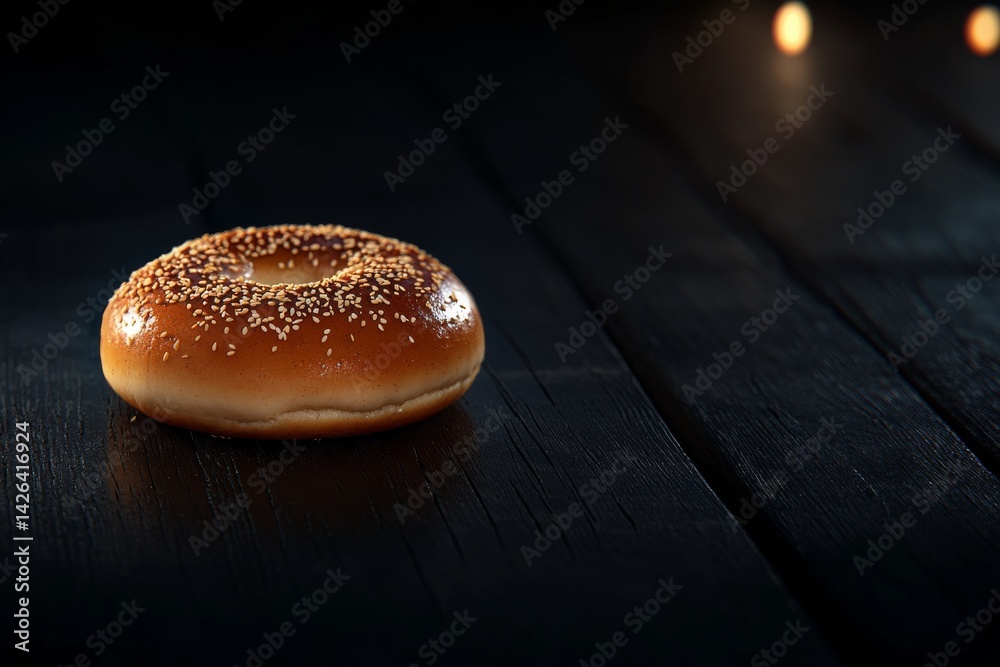 Poster close-up of a traditional turkish simit resting on a black wooden table, highlighting its crispy tex