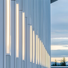 Obraz premium Modern building exterior, illuminated vertical lights, twilight sky, landscape background. Use Architectural design, real estate