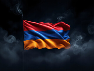 Armenian flag waving in dark background with smoke effect.