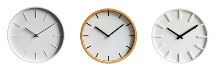 A set of minimalistic wall clocks with clean lines, isolated on transparent Background