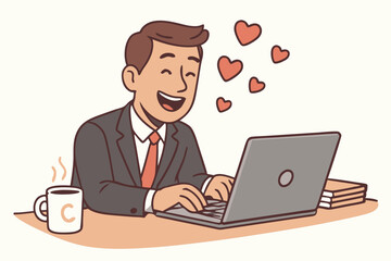 Cheerful Businessman Working on Laptop with Coffee Cup, Online Dating and Romance Concept, Vector Illustration of Happy Professional Man Messaging with Hearts, Digital Love Communication