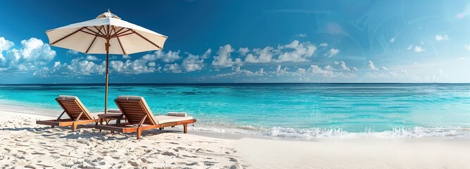 chairs and umbrellas on the edge of the beach with a bright blue sky