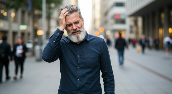 Man with headache on street background, seeking medical or mental health assistance - Powered by Adobe