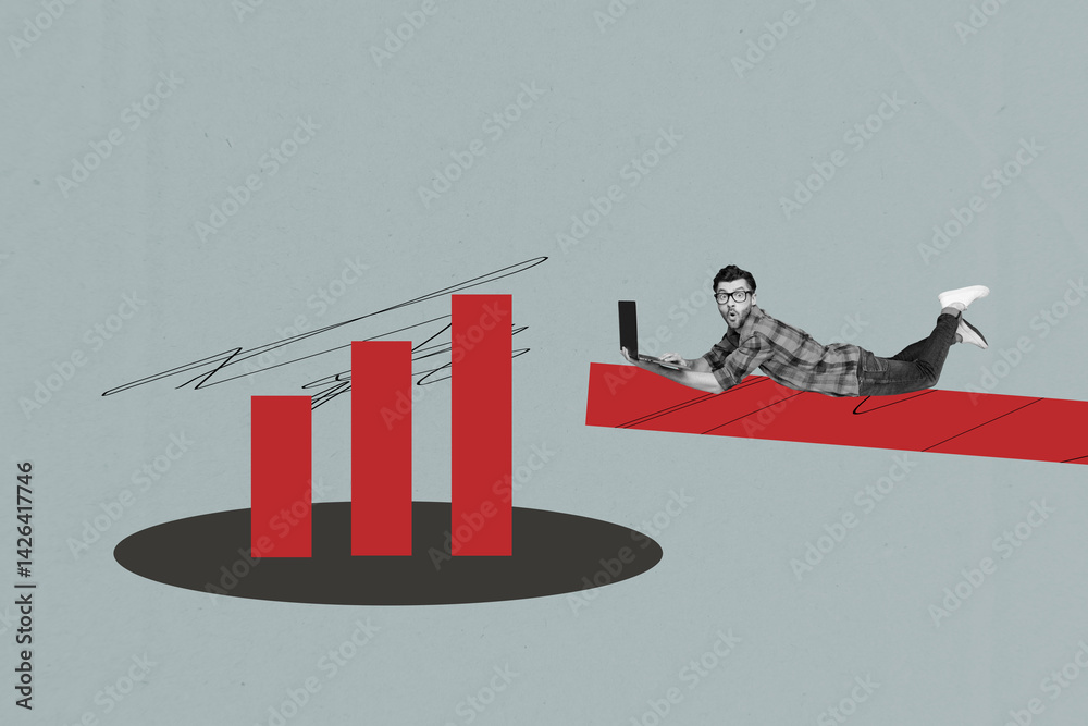 Poster poster template collage of person use gadget platform near graphs on grey background