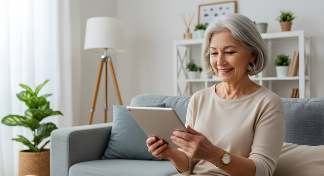 Mature woman using tablet on sofa in bright living room with lamp and shelving unit behind her