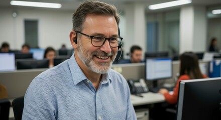 Happy employee with headset talking to customer service in open plan office