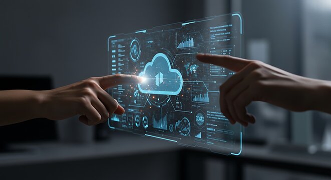 Innovative cloud technology interface with interactive touch screen control for global data connection - Powered by Adobe
