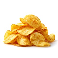 A pile of golden potato chips isolated on a clean white background