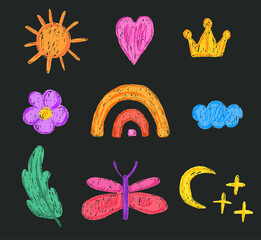 Childlike set of with rainbow and butterfly drawn with crayon pencil texture on dark blackboard