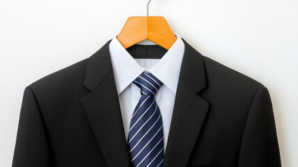 formal black suit with white shirt and blue striped tie, elegantly displayed wooden hanger, exuding professionalism and style