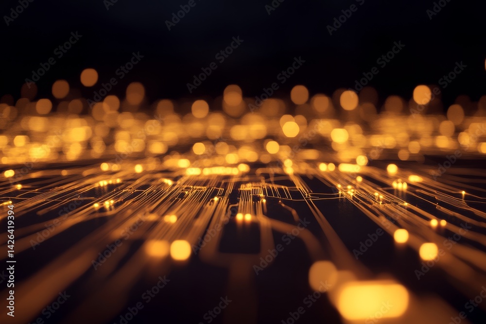 Poster Exploring the detailed elements of a computer hardware circuit board, showcasing components, soldering points, and light reflections against a digital backdrop
