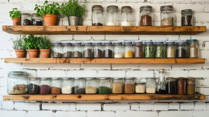 Fototapeta premium Rustic kitchen shelves made of reclaimed wood holding herbs and spices