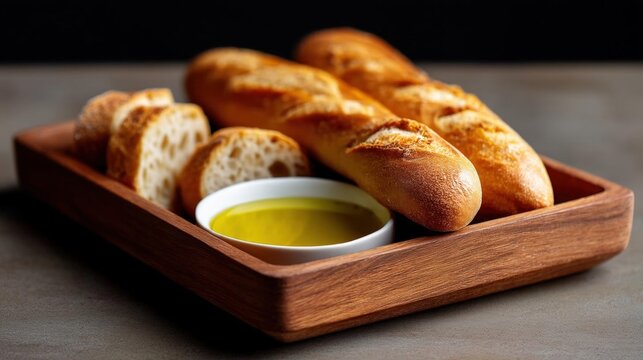 Wooden tray with three freshly baked baguettes on it. the tray is rectangular in shape and has a light brown finish.