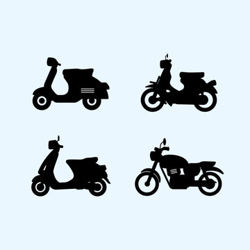Collection of Vintage and Modern Motorcycle and Scooter Silhouettes on Light Background