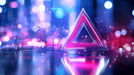 vibrant neon triangle stands out against blurred cityscape, surrounded by colorful bokeh lights, creating futuristic