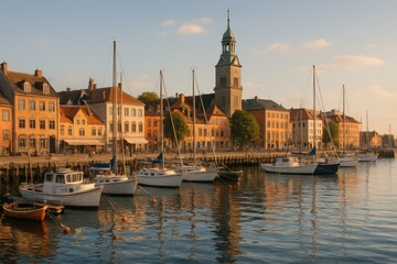 Obraz premium Serene Harbor Scene with Boats and Historic Buildings at Sunset