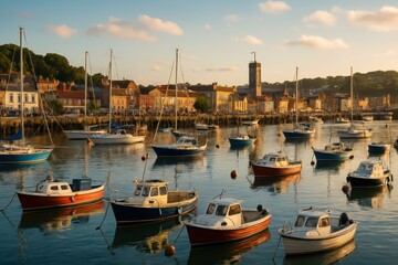 Fototapeta premium Serene Harbor Scene with Boats and Calm Waters at Sunset
