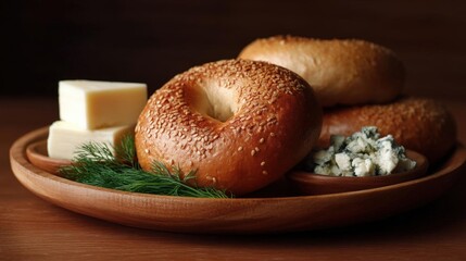 Wooden plate with three bagels on it. the bagels are golden brown and have sesame seeds on top. on the left side of the plate, there is a block of butter and a sprig of dill.