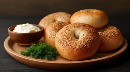 Wooden plate with six bagels on it. the bagels are golden brown and have sesame seeds sprinkled on top. they are arranged in a circular pattern on the plate.