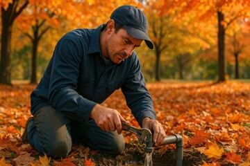 Man Repairing Sprinkler System Amid Autumn Landscape with Leaves