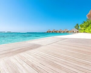 Naklejka premium Idyllic beach scene with wooden deck, turquoise water, and overwater bungalows