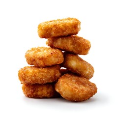 A stack of golden brown chicken nuggets isolated on a white background