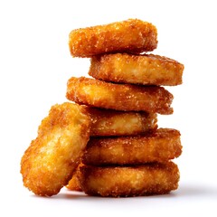 A stack of golden brown chicken nuggets isolated on a white background