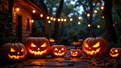 Spooky Halloween pumpkins glow warmly on porch, creating festive atmosphere with string lights
