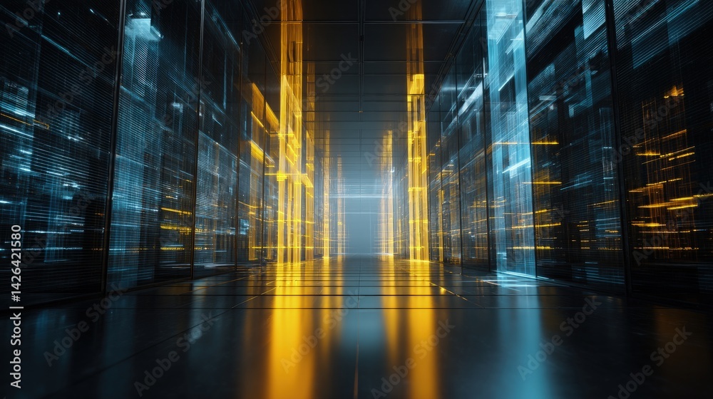 Poster abstract futuristic data center corridor with glowing blue and yellow digital streams, ideal for tec
