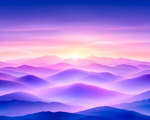 Serene sunrise over a majestic, misty mountain range with vibrant pink and purple hues