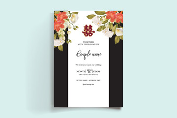 WEDDING INVITATION FRAME WITH FLOWER DECORATIONS AND FRESH LEAVES