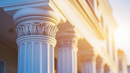 Close-up view of classical columns under warm sunlight, showcasing intricate designs and architecture