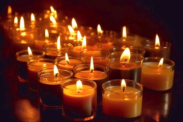 Two burning candles in the dark against the background of blurry lights. Generative AI.