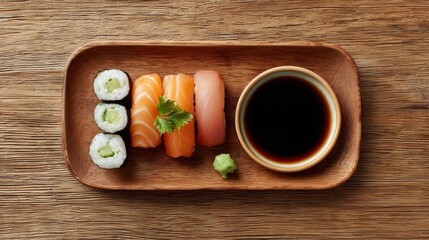 Wooden tray with a set of sushi on it. on the left side of the tray, there are four pieces of sushi arranged in a neat row. the sushi appears to be made with salmon, avocado, and other ingredients.