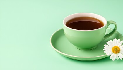 A pastel green teacup and saucer with chamomile tea and a daisy